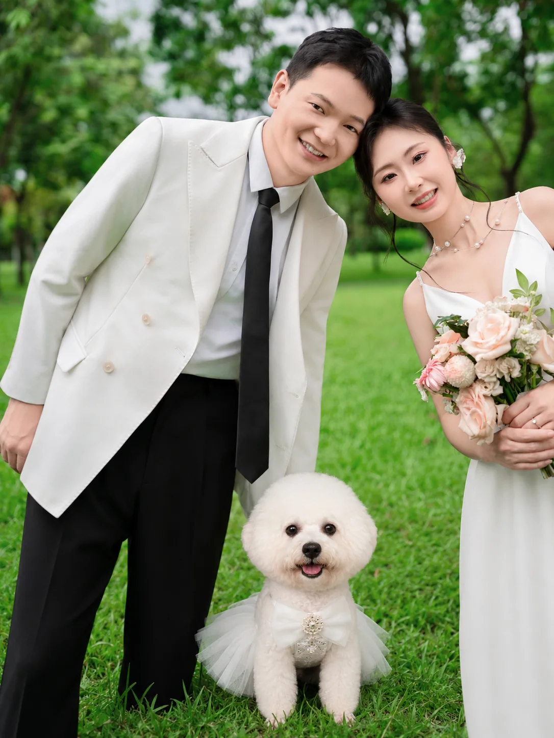 新人和爱犬在花园合影