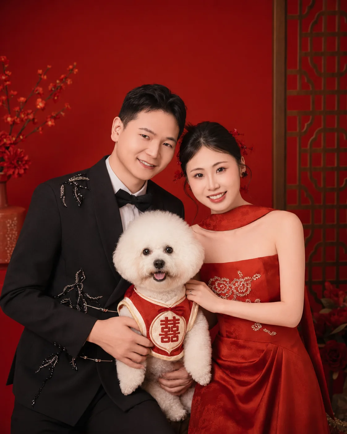新人和爱犬的中式婚纱照